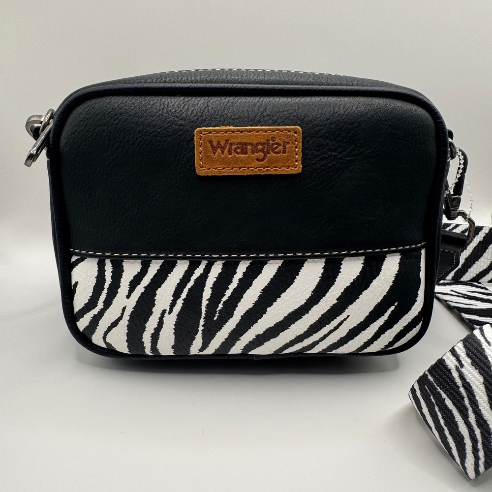 Wrangler Black Vegan Leather Zebra Print Crossbody Camera Bag Guitar Strap